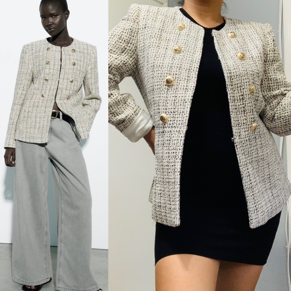 ZARA New Women Luxury‎ Ecru Black Fitted Textured Round Collar Blazer Size L